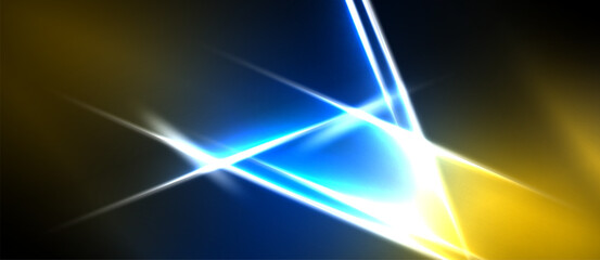 Fototapeta premium Abstract light streaks intersect, creating bright energy. Blue, gold hues dominate dark background. Dynamic composition, modern aesthetic.