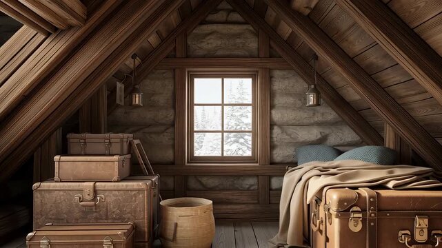 Cozy alpine chalet attic with wooden beams, vintage suitcases, soft natural light, and warm rustic atmosphere inspired by mountain cabin living.