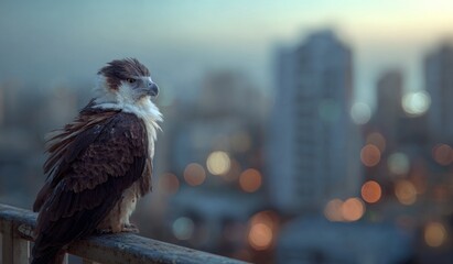 Majestic bird of prey perched observation portrait against city skyline