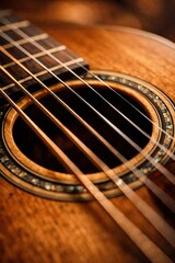Obraz premium Close-up of acoustic guitar strings and soundhole with warm wood texture and detailed craftsmanship lighting