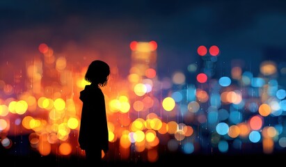 Silhouette of a person contemplating city lights at night abstract background