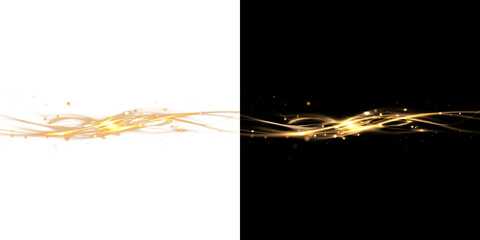 Abstract golden energy swirl with glowing light lines and sparkling glitter dust for magic or technology motion effect on transparent background PNG © Tomash