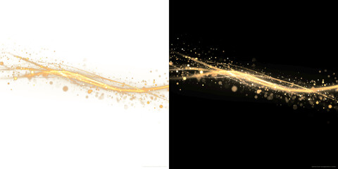 Elegant golden light wave stream with shimmering glitter dust particles and glowing magic lines for luxury design overlay on transparent background PNG © Tomash