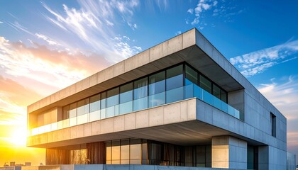 Modern concrete building with large windows under a sunny, vibrant blue sky