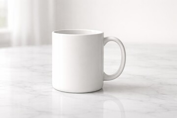 Fototapeta premium White ceramic coffee mug on marble surface with soft light and copy space for branding or mockup design