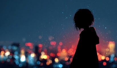 Silhouette of a person overlooking city lights at night
