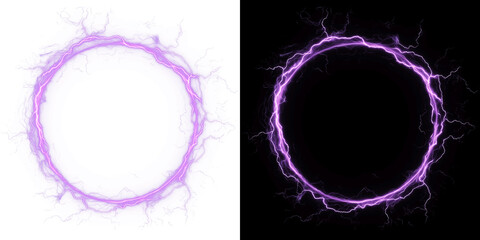 Violet purple electric lightning circle frame showing powerful energy discharge and glowing plasma ring for magic portal design on transparent background PNG © Tomash