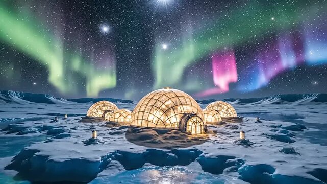 Igloo on Frozen Lake under Aurora Borealis.