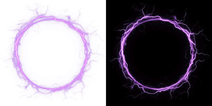 Violet purple electric lightning circle frame showing powerful energy discharge and glowing plasma ring for magic portal design on transparent background PNG