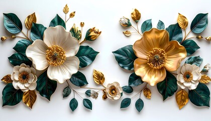 Decorative floral arrangement with gold and teal leaves on a bright white background