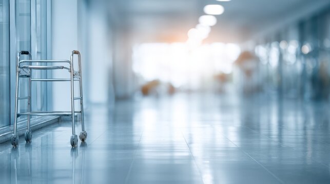 Walker in corridor with warm sunlight, long perspective leading toward bright exit glow, mood of discharge and hope, empty space evokes transition and emotional closure for recovery narratives