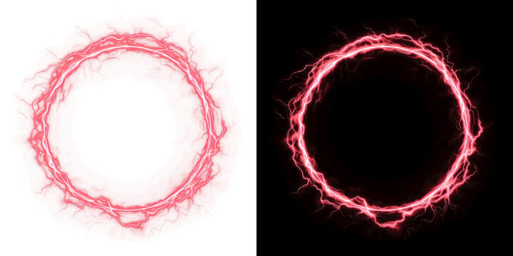 Powerful red electric lightning circle frame showing dangerous high voltage energy discharge and glowing plasma ring for magic design on transparent background PNG