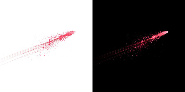 Fast red energy projectile shot with glowing speed trails and magic particles flying for sci-fi weapon effect on transparent background PNG