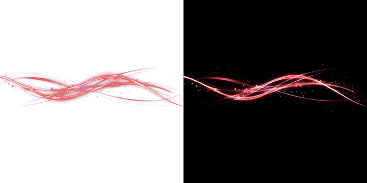 Abstract red glowing light wave lines with magic energy flow and floating dust particles for technology overlay on transparent background PNG