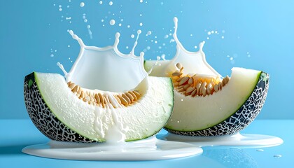 Melon slices, white liquid splash, light blue background, seeds visible