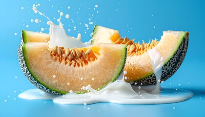 Sliced melon wedges with splashes of white liquid against a light blue backdrop