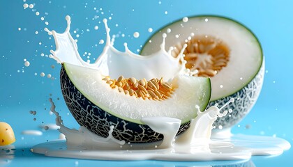 Melon slice splash creamy liquid on fresh melon piece, blue background