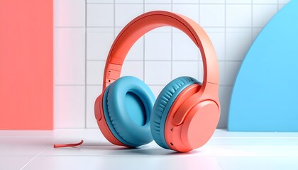 Coral & teal headphones on tiled floor, pink/blue shapes backdrop, simple