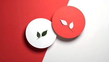 Two circles, red and white, overlap; each has leaves on a diagonal backdrop