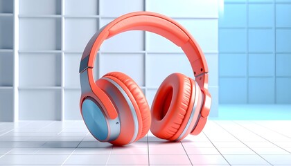 Coral headphones on white tile grid. Modern, bright, and balanced scene