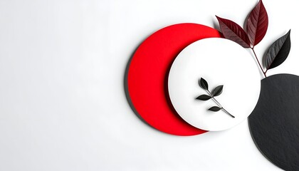Simple geometric arrangement red, white, and black circles with leaf accents