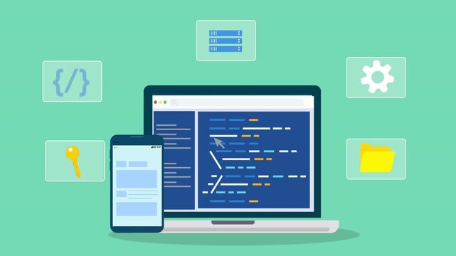 Laptop and smartphone displaying programming interface surrounded by platform icons, representing software platform development and digital technology workflow.

