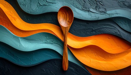 Wood spoon rests on textured blue and orange layered, wavy background