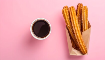 Churros in paper bag, coffee cup on pink backdrop, flat lay perspective