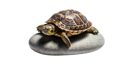 Obraz premium Tortoise resting on a smooth stone with a detailed shell on a white background for copy space