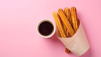 Churros in a paper cone, alongside coffee, on a pink background