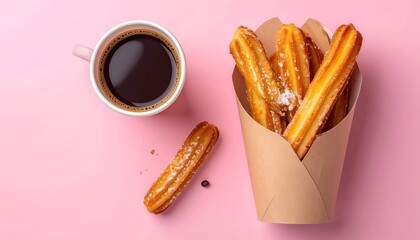 Churros in paper cone with coffee cup against a pink background