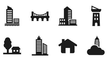 Obraz premium Urban silhouette icons set featuring buildings and structures