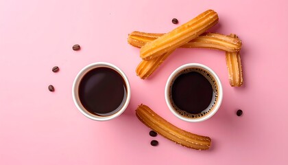 Churros & two black coffees on pink backdrop, scattered coffee beans, overhead