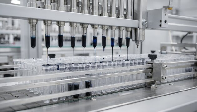 Automated ballpoint pen ink filling station shows precise nozzles injecting oilbased ink into pen barrels on a conveyor belt in a clean factory environment.