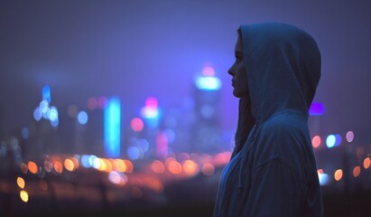 Silhouette of a person in hoodie with city lights in the background