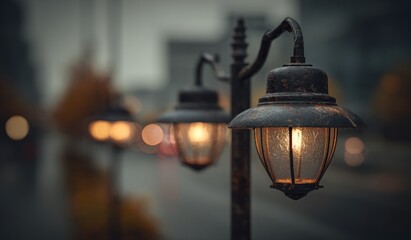 Decorative street lamps illuminated at dusk with bokeh effect