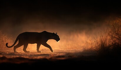 Silhouette of a panther walking in a warm environment at dusk