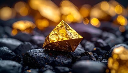 Golden crystal atop coal, surrounded by golden bokeh lights, dramatic light