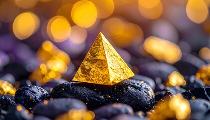 Golden pyramid on dark pebbles with bokeh, ethereal and shimmering
