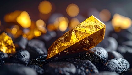 Golden crystal point atop wet, dark rocks, with blurred gold nuggets background