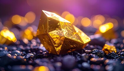 Golden crystal on dark rock bed, shiny, with soft focus bokeh background