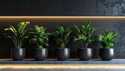 Row of potted plants against a dark textured wall with linear lighting