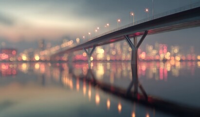 Evening bridge over water cityscape view with lights reflecting on water