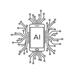 AI on smartphone icon, mobile artificial intelligence, and processor chip technology vector symbol.