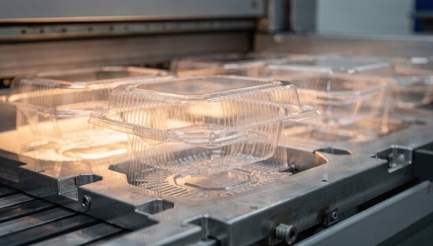 Close medium view of deep thermoformed clamshell salad containers being molded with heated plastic sheets highlighting durable design for fresh produce storage.