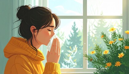 花粉症に悩み、鼻をティッシュでおさえる女性　森の背景　生成AI素材
