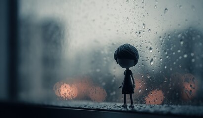 Sad doll standing by a rainy window with blurred background lights