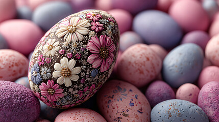A stunning Easter egg adorned with intricate floral designs stands out among a vibrant collection of pastel-colored eggs, celebrating the beauty of spring.