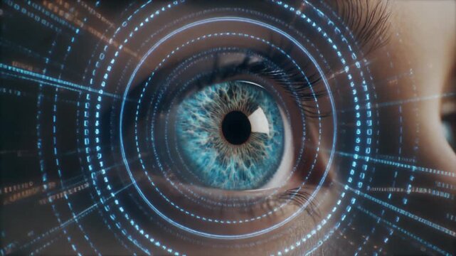 Extreme close-up of a blue human eye integrated with glowing circular biometric scanning HUD interface. Futuristic cybersecurity and artificial intelligence concept featuring digital data streams,