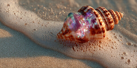 Detail of a snail in a marine environment, adorned with bubbles and fine sand